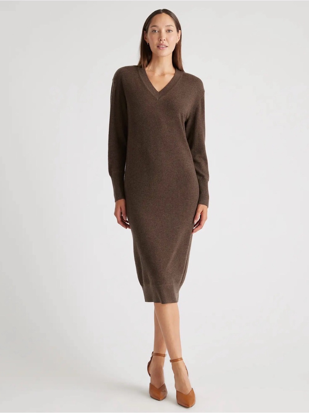 Quince 100% Cashmere V-Neck Midi Sweater Dress Luxury Knit Brown Size Medium
